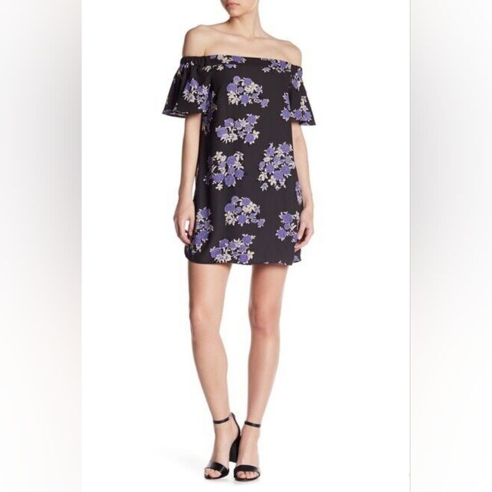 19 Cooper Size Large Purple Black Floral Off the Shoulder Shift Mini Dress